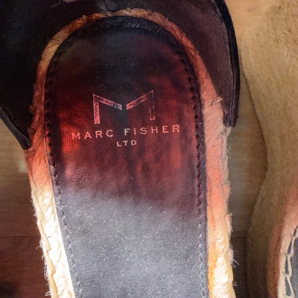 Marc Fisher MLANNIE Wedge Sandal Women 7.5 Black Leather Espadrille Platform